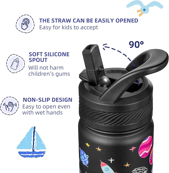 Fanhaw 18 Oz Kids Insulated Water Bottle with Straw - Stainless Steel Double Wall Vacuum Cup, Leakproof, BPA Free, Suitable for Boys and Girls(Black - Solar System)