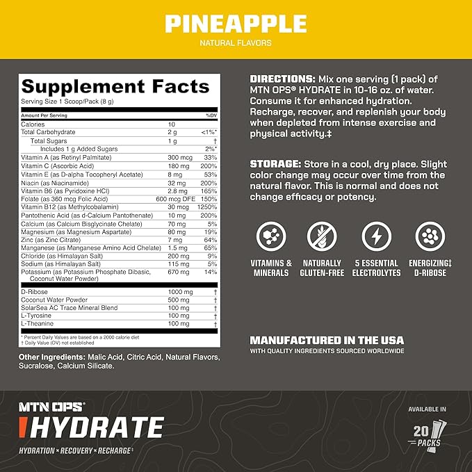 MTN OPS Hydrate Low Sugar Electrolyte Powder Drink Mix with 1g D-Ribose Sugar, 1000mg Electrolytes, On-The-Go Packs, 20 Stick Packs, Pineapple