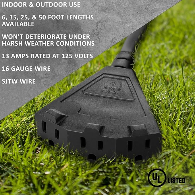 Holiday Lighting Outlet 6-Foot Black Extension Cord, 3-Prong Indoor & Outdoor Splitter, Perfect for Landscape Lighting