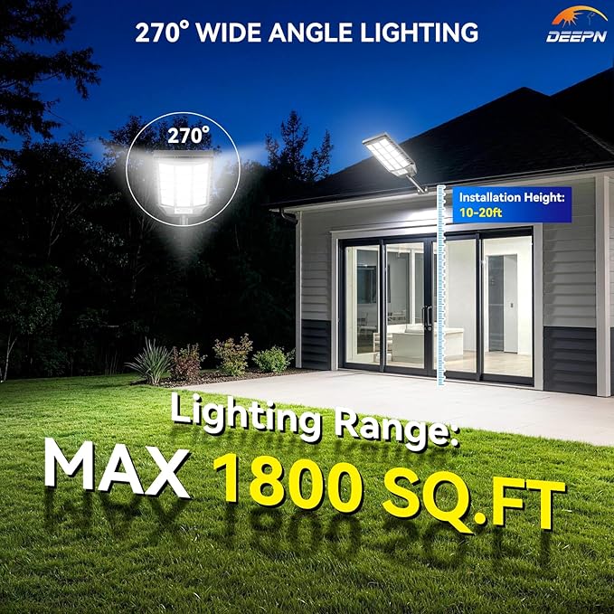 Deepn Solar Lights Outdoor Waterproof, Solar Street Lights Outdoor, 6500K LED Dusk to Dawn Security Flood Light Motion Sensor with Remote Control for Yard, Parking Lot, Porch, Garages, Garden, 4 Pack