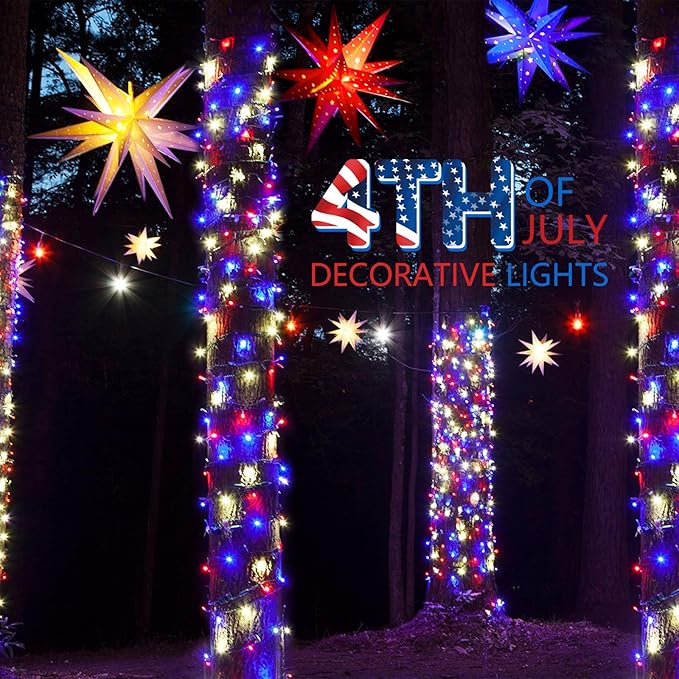 4th of July Decoration Patriotic Mini Lights - 100 Count 20 Feet Red White Blue Incandescent Bulb Waterproof String Lights Plug in for Indoor Outdoor Christmas Party Patio Independence Day Decoration