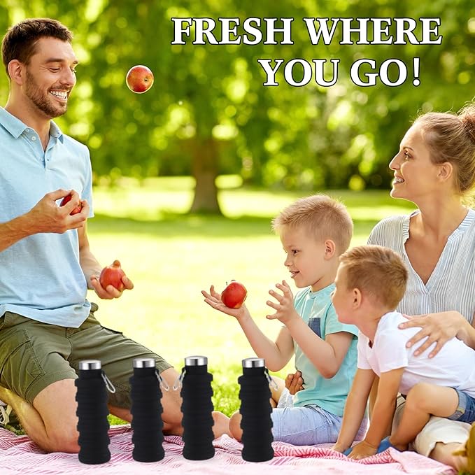 Lallisa 4 Pcs Collapsible Water Bottles 17 oz Reusable Silicone Foldable Travel Water Bottle Portable Leak Proof Sports Water Bottles for Gym Camping Hiking (Black)