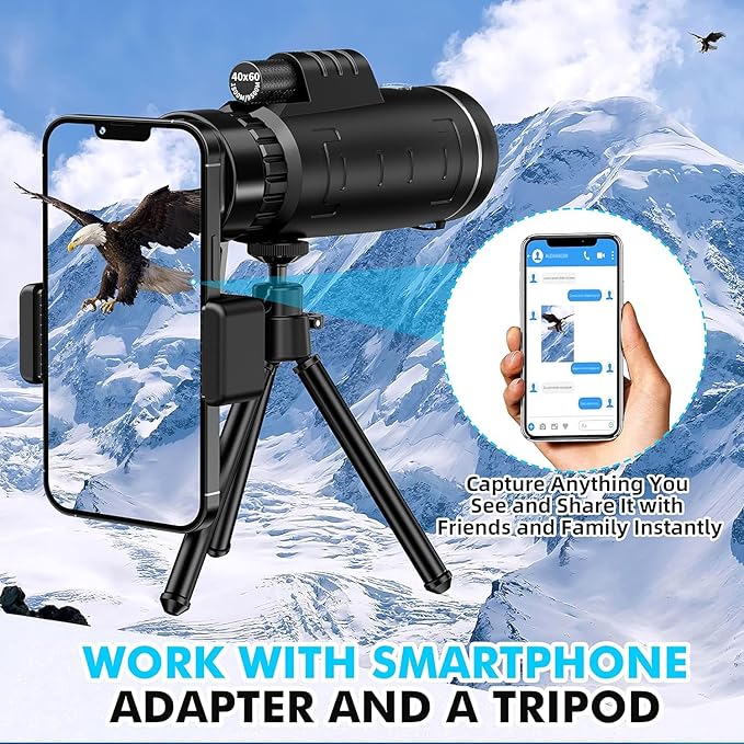 Monocular Telescope 40x60 with Smartphone Adapter, Telescope for Adults High Powered, Monocular for Adults, Compact Low Light Vision for Wildlife, Hunting, Camping, Travel &Outdoor Adventures