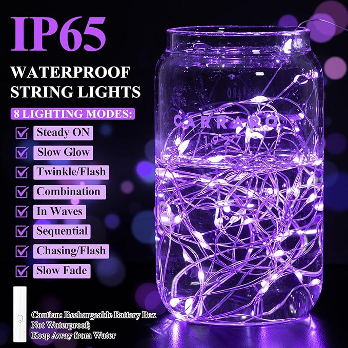 Lakumu Rechargeable Fairy Lights Battery Operated, String Lights with Timer, Mini LED Twinkle Lights for Bedroom, Christmas Decorations, Wedding, Vine, Centerpiece Table Decor (5M/16FT Purple)