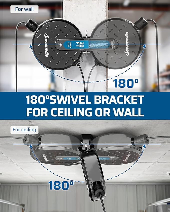 DEWENWILS 30FT Retractable Extension Cord Reel, Ceiling/Wall Mount 16/3 SJTW Power Cord with 3 Lighted Triple Outlets for Garage Shop, 10 Amp Circuit Breaker, Metal Plate, ETL Listed, Black