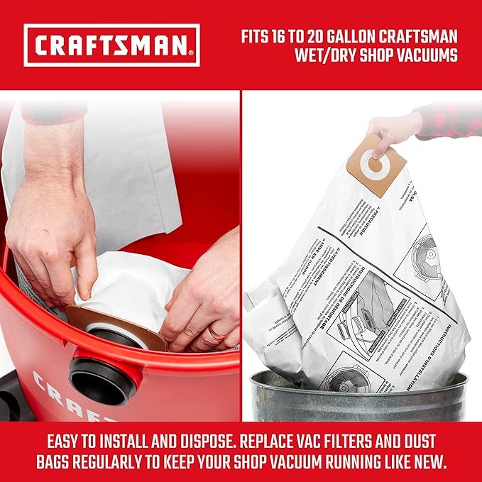 CRAFTSMAN CMXZVBE38749 Genuine General Purpose Wet Dry Vac Dust Collection Bags for Most 16 and 20 Gallon CRAFTSMAN Shop Vacuums, Collects Dry Only Debris, Reduces Cleanup Time, 3-Pack