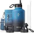 Half Gallon Water Bottle Insulated with Straw & 3 Lids, Coolflask 64 oz Water Jug Large Metal Stainless Steel Wide Mouth for Sports, Gym or Office, Non-BPA Keep Cold 48H Hot 24H, Samurai Cyan
