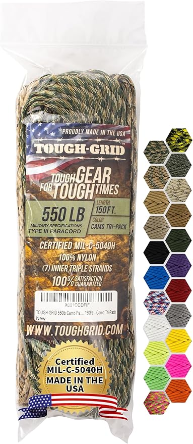 TOUGH-GRID 550 Paracord, Type III Mil-Spec Nylon Rope - 150 Ft Camo Tri-Pack Tactical Survival Cord