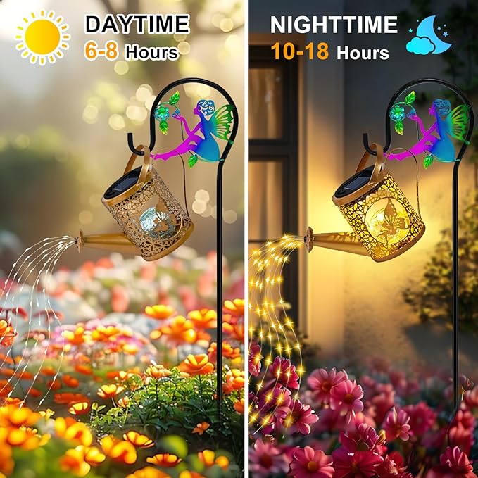 Solar Lights Garden Decorative, Solar Watering Can with Cascading Lights, Waterproof Metal Lantern with Fairy Shepherd Hook, Outdoor Decor for Yard, Patio, Gifts for Mother's Day, Women Mom