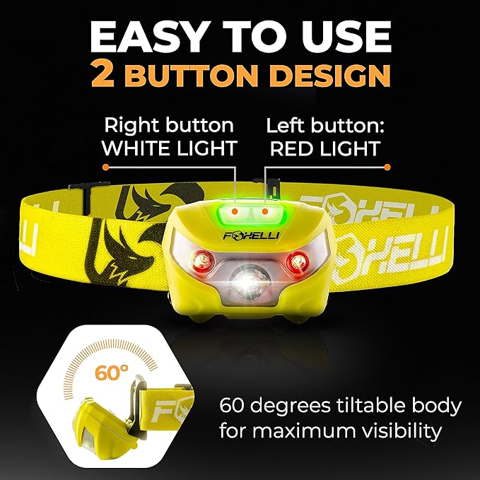 Foxelli USB-C Rechargeable LED Headlamp – Super Bright, Lightweight Head Lamp for Running, Camping, Hiking & Work – Comfortable Fit for Adults & Kids