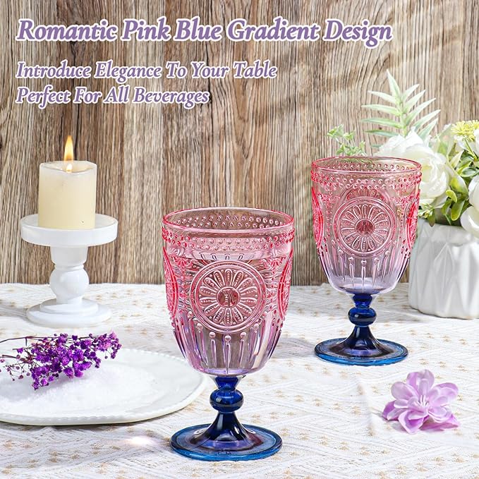 XUWAIDSGN 12Pcs Plastic Vintage Wine Glasses 13.5oz Reusable Embossed Goblet Glasses Pink Blue Gradient Retro Wine Glassware Unbreakable Stemmed Champagne Water Cups for Wine Cocktail Juice Wedding