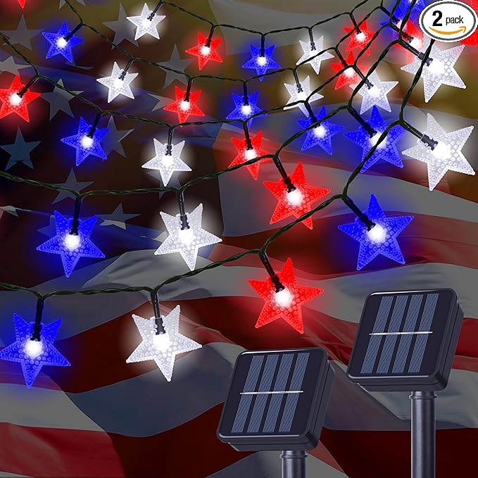 2 Pack Solar Powered Outdoor Patriotic Star String Lights, 100 LED 33 FT Each July 4th Decorative Lights, 8 Lighting Modes, Waterproof for Independence Day Party Patio Garden Decor, Red White & Blue