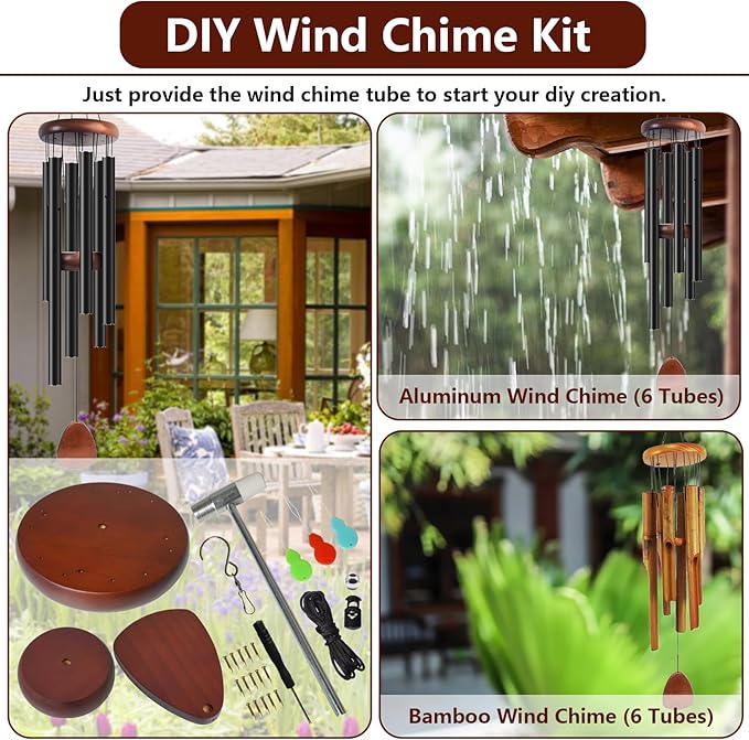 Wind Chime Replacement Parts, 28 PCS Windchime Repair Kit Including Round Top, Clapper, Wind Catcher, 19.6FT Nylon Cord, DIY Wind Chime Supplies (Dark Brown)