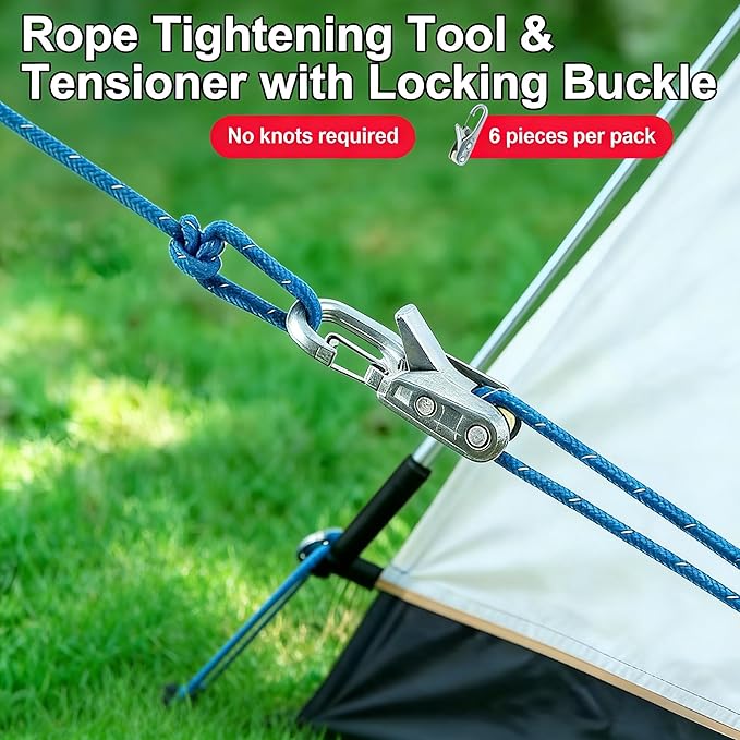 6-Pack Paracord Adjusters, Rope Tightening Tool & Tensioner, Heavy-Duty Roller Tensioner Rope for Camping, Tarps, Guy Lines, Boating & Outdoor Equipment