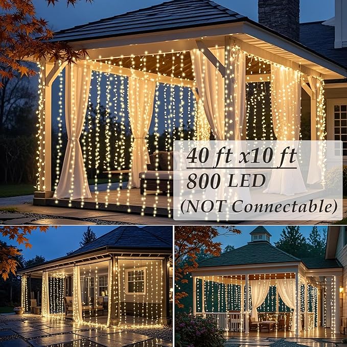 Solhice LED Curtain Lights Outdoor 40ft x10ft, 800 LED Plug in Hanging String Lights Indoor, Twinkle Lights Backdrop for Outside Backyard Patio Wedding Décor, Warm White (Not Connectable)