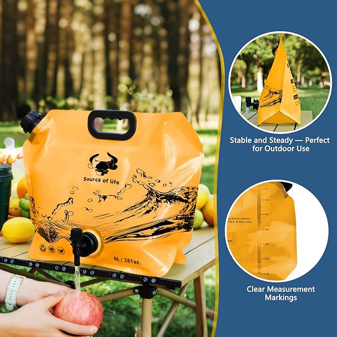 Water Jug Camping 2.1 Gallon Collapsible with Spigot, BPA Free Portable Water Pouch Foldable Water Bags for Outdoor Hiking, Travel and Emergency & Water Storage Containers (Orange-1Pcs)