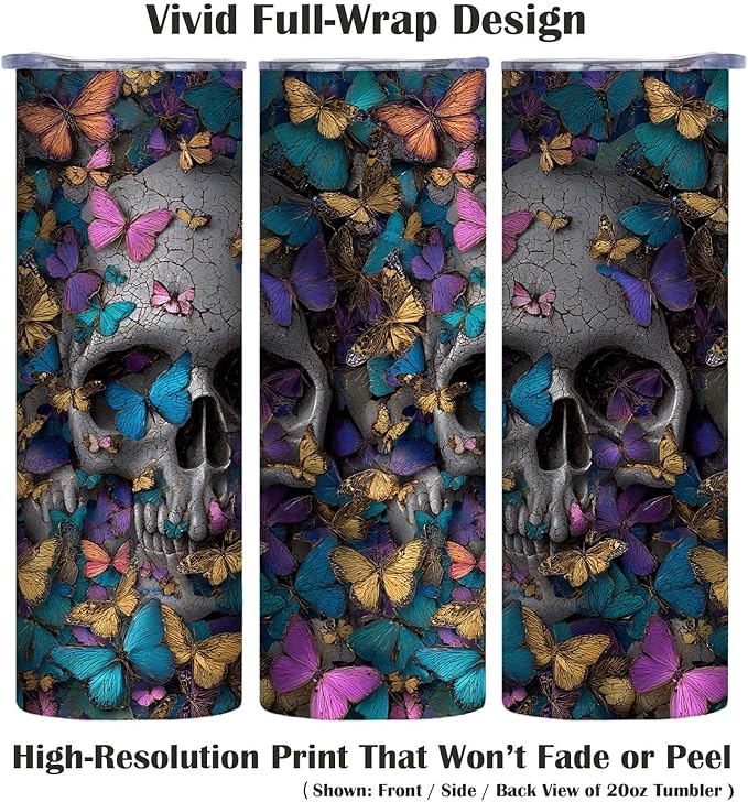 Firmiso 20 oz Tumbler｜Skinny Insulated Travel Mug｜Butterfly Skull Design Stainless Steel Cup with Lid and Telescopic Straw｜Gothic Aesthetic Drinkware｜Artistic Gift Idea for Women Men