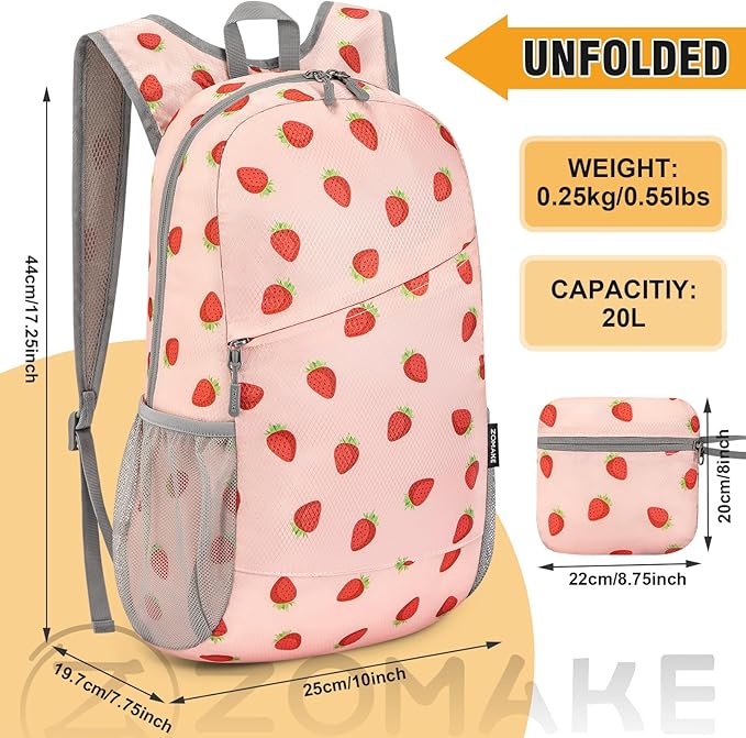 ZOMAKE Lightweight Packable Backpack,Foldable Backpacks Small Daypack for Hiking Water Resistant Day Bag for Travel(Strawberry print)