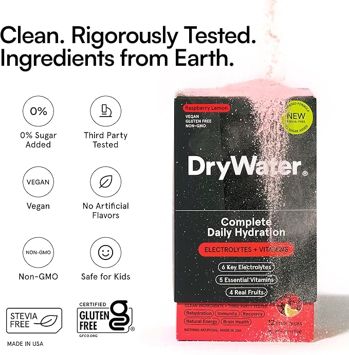 DryWater Electrolyte Powder Packets, Raspberry Lemon - Stevia-Free Hydration Packets Drink Mix with Zero Added Sugar for Rehydration & Energy - 6 Key Electrolytes, 5 Vitamins & 5 Real Fruits - 12 Pack