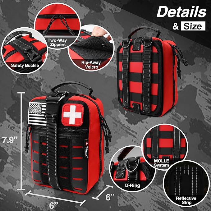 Survival First Aid Kit with Israeli Bandage, Chest Seal, Tourniquet, Splint, Tactical Military Combat Molle IFAK for Wound Care, Bleeding Control, Trauma Hemorrhage and More (Red)