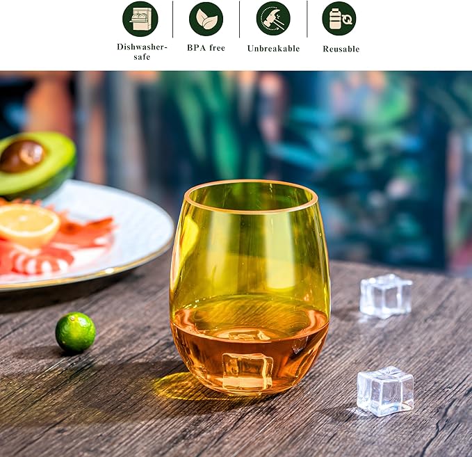 18oz Colorful Stemless Wines Cups, Shatter-Proof Acrylic Glasses Drinkware, Reusable Plastic Bar Glasses, BPA-Free, Dishwasher-Safe
