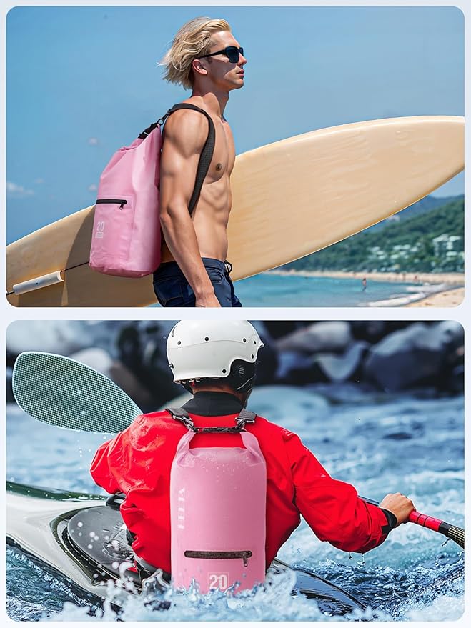 HEETA Waterproof Dry Bag with Front Zippered Pocket for Women Men, 5L/10L/20L/30L/40L Roll Top Lightweight Dry Storage Bag Backpack for Travel, Kayaking, Boating, Rafting, Camping, Hiking & Beach