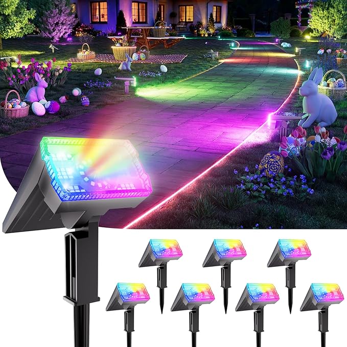8-Pack Solar Spot Lights Outdoor Multicolor IP67 Waterproof RGB - 6 Colors, 10 Modes, 105° Adjustable Uplights, 58 LED Flood Lights, Valentine's Spotlights for Yard/Garden/Landscape Lighting Outside