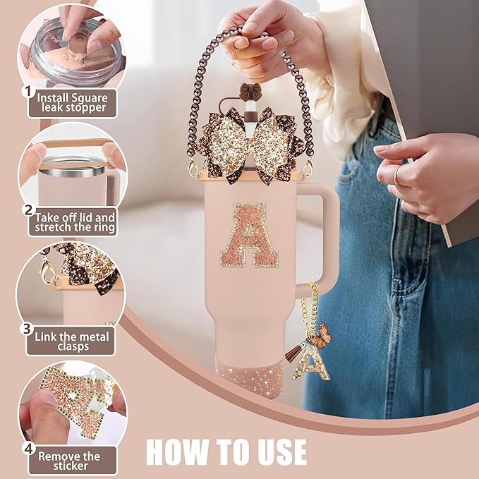 9PCS Brown for Stanley Cup Accessories Set Bling Initials Bow Charms for Stanley Decorations 30/40 Oz Tumbler Accessories Including Bow Straw Topper, Handle Strap, Spill Stopper（Letter I）