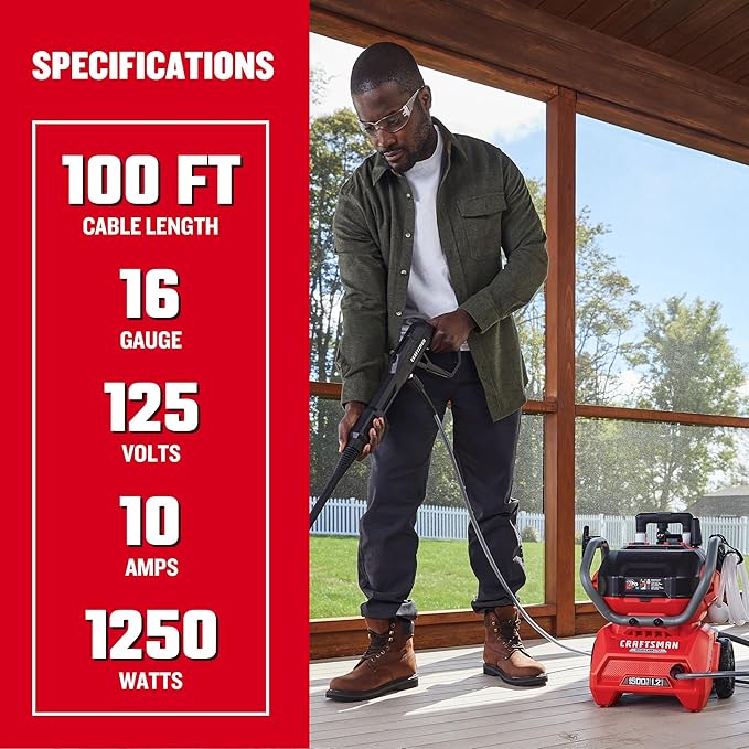 CRAFTSMAN 100 Ft. Indoor/Outdoor Extension Cord 16/3 SJTW, Waterproof Flexible Power Cable with 3-Prong Plug, 10A/1250W/125V, Heavy-Duty Contractor Cord, ETL Certified