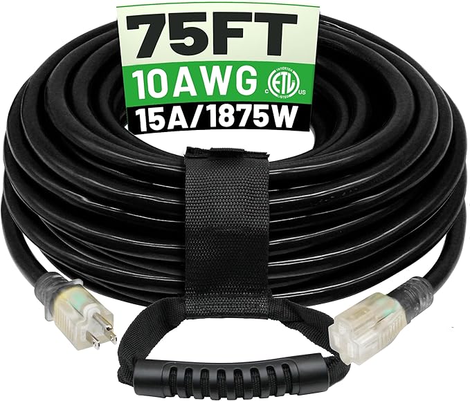 POWGRN 75 Ft 10AWG Black Outdoor Extension Cord Waterproof Heavy Duty 10 Gauge 3 Prong, Flexible Cold-Resistant Long Power Cord Outside with Lighted Indicator End, 15Amp 1875W SJTW ETL Listed