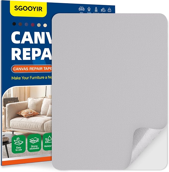 Self-Adhesive Canvas Repair Tape, 8.3" x 11" Waterproof Canvas Repair Patch, Fabric Patch Repairs Kit for Furniture, Tents, Sunbrellas, Boat Covers Awnings, Couches, Clothes, Bags Light Grey