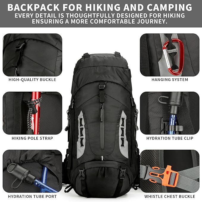 75L Hiking Backpack with Rain Cover Waterproof Camping Backpack Shoes Warehouse for Men Women, Frameless