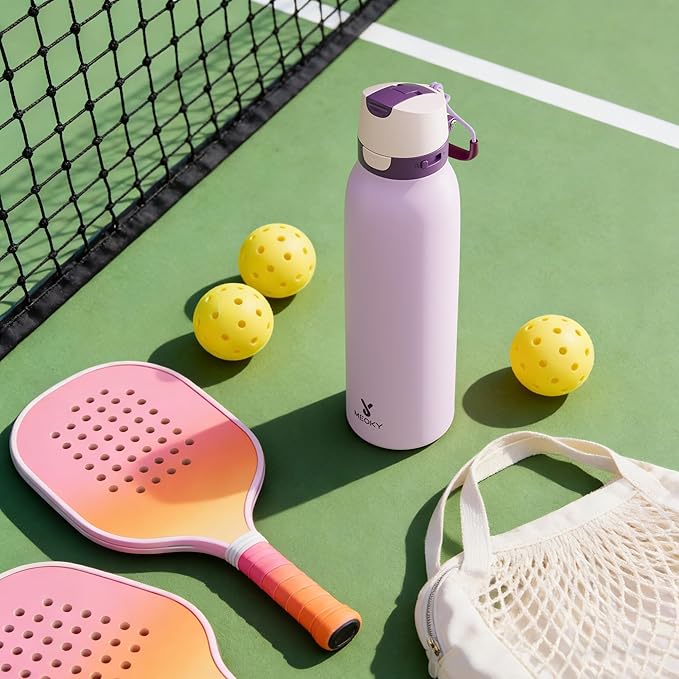 Meoky 24 oz Stainless Steel Slim Water Bottle: Leak Proof Locking Lid, 2-in-1 Straw and Spout, 24 Hours Cold, Top Handle, BPA Free, Insulated Water Bottle for Women Sports Travel Gym, Lavender
