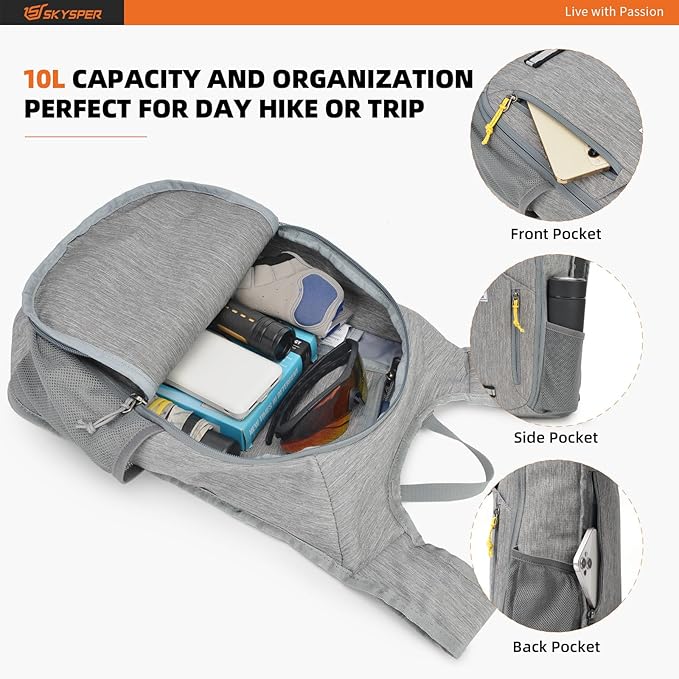 SKYSPER 10L Hiking Backpack Small Hiking Daypack Packable Lightweight Travel Day Pack for Women Men(Grey)