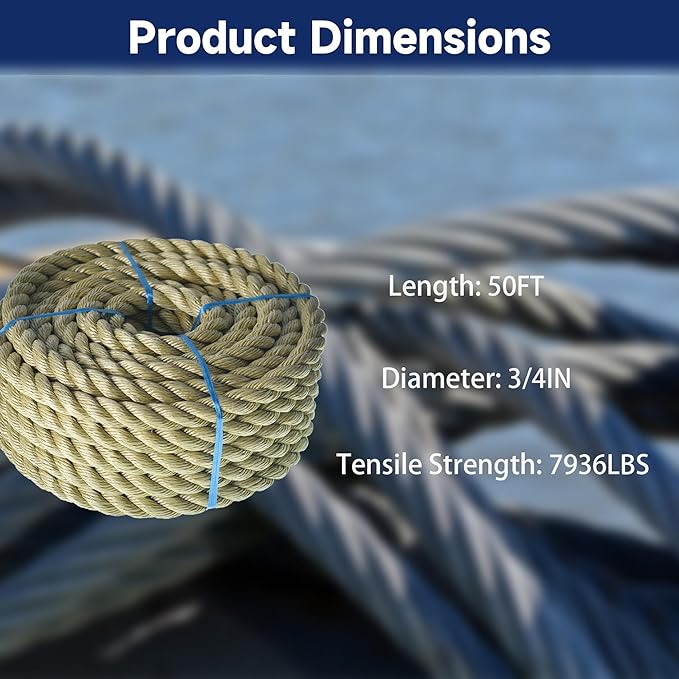 3/4 inch x 50 feet Twisted ProManila - UnManila Rop, 3 Strand Synthetic Polypropylene Rope Cordage for Weather-Resistant Decor, Crafts, Sporting, and Landscaping