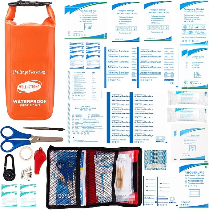 Boat First Aid Kit Waterproof, WELL-STRONG Marine Emergency Kit with Roll Top Dry Bag for Boating Fishing Kayaking – Water-Resistant Contents for Camping & Beach（Orange）