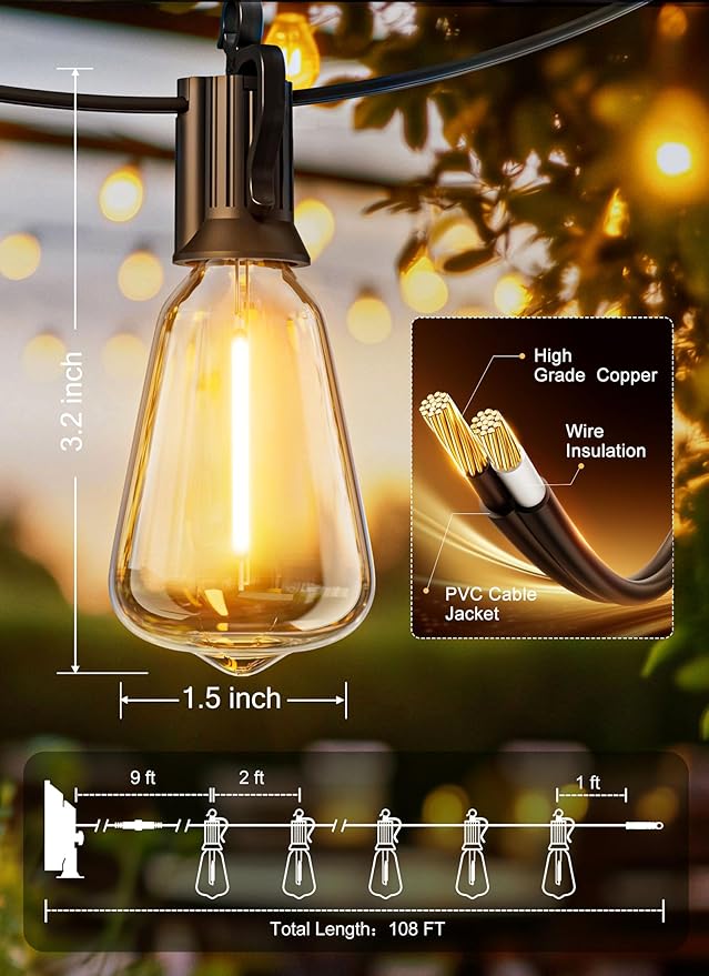 Brightown 108FT Solar String Lights Outdoor Waterproof with Remote, 50+2 LED Shatterproof Bulbs, Dimmable & Timable, 3 Light Modes - Commercial Grade Patio Lights for Garden Backyard Party Decor