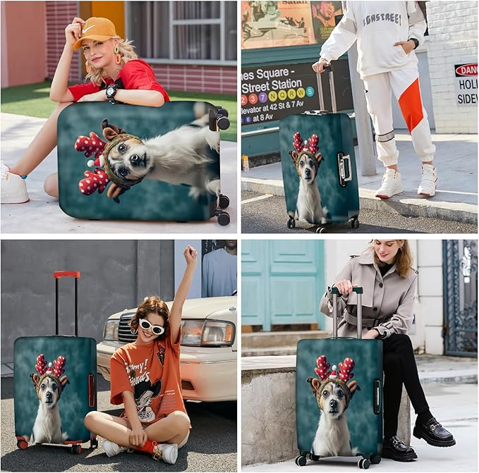 ANNA QUEEN Christmas Dog Luggage Cover, Cute Puppy with Reindeer Antlers Suitcase Protector, Washable Stretchable Travel Sleeve for 32-34 Inch Luggage
