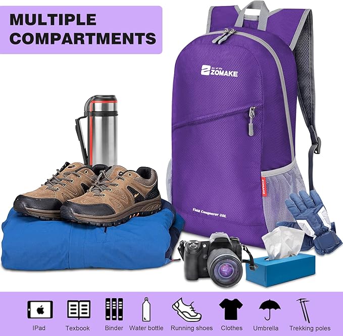 ZOMAKE Lightweight Packable Backpack 20L, Foldable Backpacks Small Daypack for Hiking Water Resistant Day Bag for Travel(Purple)