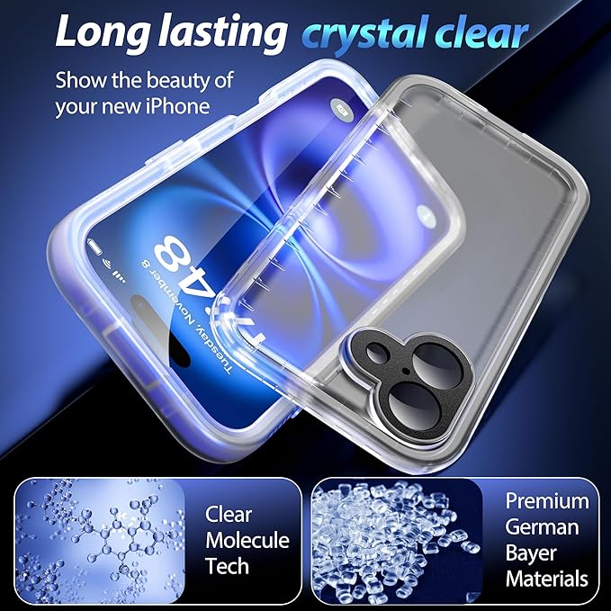SPORTLINK for iPhone 16 Waterproof Case - Shockproof Dustproof Case with Built-in Clear Screen Protector, Full Body Heavy Duty Sealed Protective Cover for i Phone 16 6.1" Frosted Clear