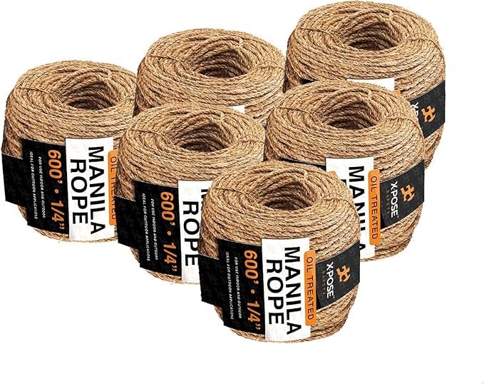 Manila Rope - 1/4 Inch 600' - 3 Strand Cordage Twisted Braided Rope - Thick Natural Fiber for Marine, Decorative for Crafts, Porch Column, Outdoor Pole Wrap, Tree Swing 6 Pack