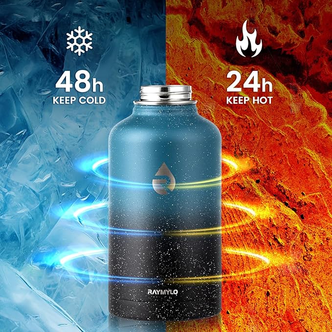 RAYMYLO 64oz Insulated Water Bottle, Triple Wall Vacuum Stainless Steel Water Bottles - Keeps Cold 48H, Reusable Half Gallon Jug for Gym, Sports, Camping, Hiking,Travel, Starry Sky-Indigo/Black