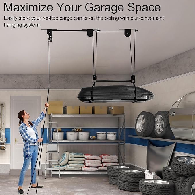 TRUSOON 2025 Upgrade Cargo Box Garage Pulley System, Garage Ceiling Hoist Heavy-Duty Holds up to 150 lbs Capacity, Fit 10-18 Foot Ceilings, Black