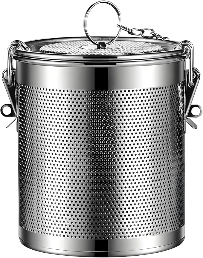Stainless steel cylindrical seasoning filter, Multi purpose spice filter, Mesh Design Tea Ball Strainer Soup Seasonings Seperation Basket Filter with Chain Hook for Home Restaurant (10*11 CM/0.863L)