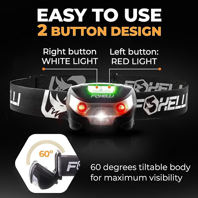 Foxelli USB-C Rechargeable LED Headlamp – Super Bright, Lightweight Head Lamp for Running, Camping, Hiking & Work – Comfortable Fit for Adults & Kids