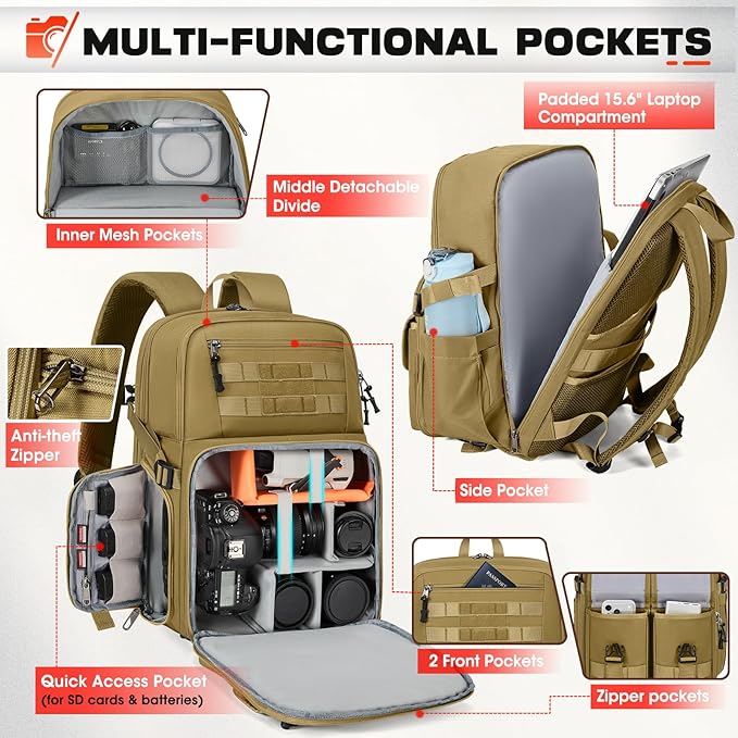 RAINSMORE Camera Bag Backpack for DSLR/SLR/Mirrorless Camera Bags for Photographers 15.6 Inch Waterproof Tactical Photography Backpack Case with Rain Cover & Tripod Holder, Khaki