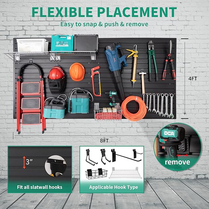 FRAYSCENT Slat Wall Paneling Garage Slat Wall Storage Systems Slatwall Panels Power Tool Organizer Wall Mount, PVC Garage Storage & Organization Products Slate Board (Black, 4ft x 8ft with 15 Hooks)