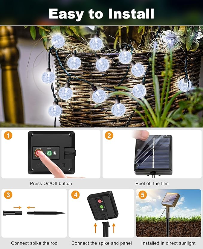 btfarm 4 Pack Solar String Lights Outdoor Waterproof, Each 49 FT 50 LED Solar Powered Patio Light, 8 Lighting Modes Crystal Globe Decoration for Garden Yard Porch Fence Party, Cool White