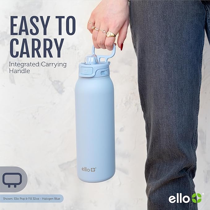 Ello Pop & Fill 32oz Stainless Steel Water Bottle with Quick Fill Technology, Double Walled and Vacuum Insulated Metal, Leak Proof Locking Lid, Sip and Chug, Reusable, BPA Free, Halogen Blue