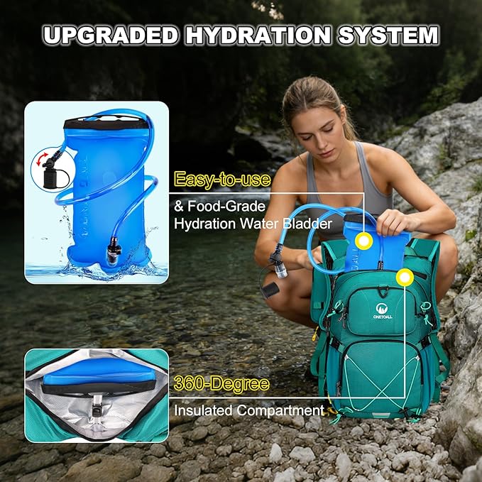 Hydration Backpack 22L, Hiking Backpack with 2L Leakproof Bladder, Sewn-in Rain Cover, Insulated Compartment for Men & Women Running, Cycling, Camping